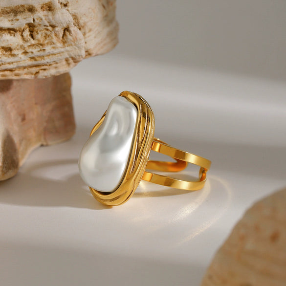 Wholesale Women's Fashion Opening Ring Stainless Steel Baroque Pearl Geometric Electroplated