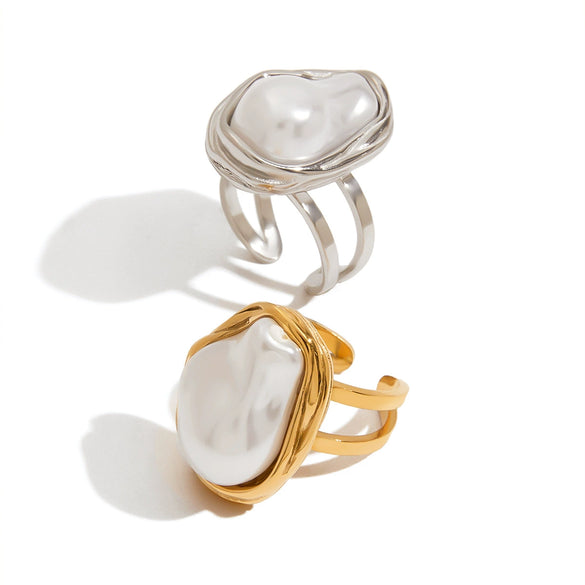 Wholesale Women's Fashion Opening Ring Stainless Steel Baroque Pearl Geometric Electroplated
