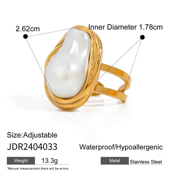 Wholesale Women's Fashion Opening Ring Stainless Steel Baroque Pearl Geometric Electroplated