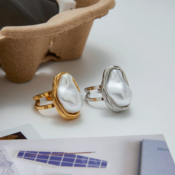 Wholesale Women's Fashion Opening Ring Stainless Steel Baroque Pearl Geometric Electroplated