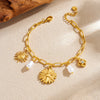 Wholesale Women's Fashion Pearl Flower Stainless Steel Goldplated Bracelet With Cross Chain And Sun Face Pendant