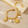 Wholesale Women's Fashion Pearl Flower Stainless Steel Goldplated Bracelet With Cross Chain And Sun Face Pendant