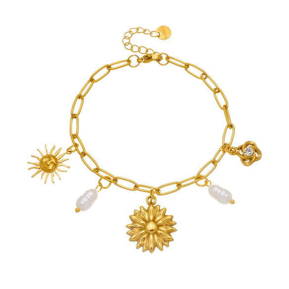 Wholesale Women's Fashion Pearl Flower Stainless Steel Goldplated Bracelet With Cross Chain And Sun Face Pendant