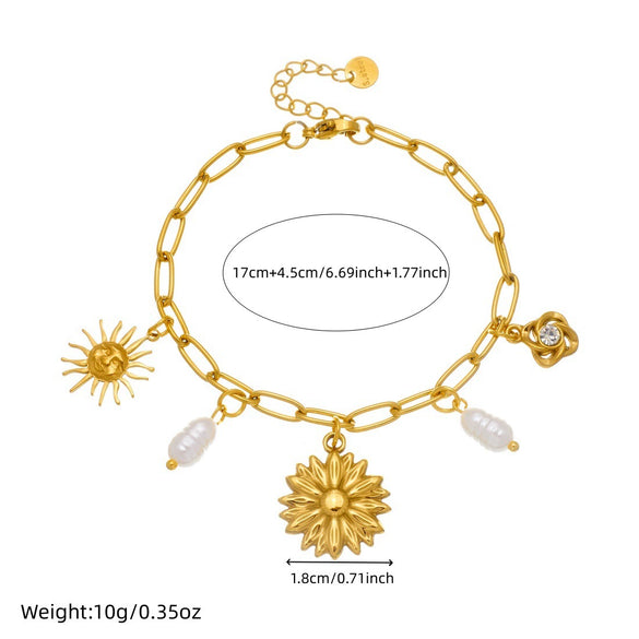 Wholesale Women's Fashion Pearl Flower Stainless Steel Goldplated Bracelet With Cross Chain And Sun Face Pendant