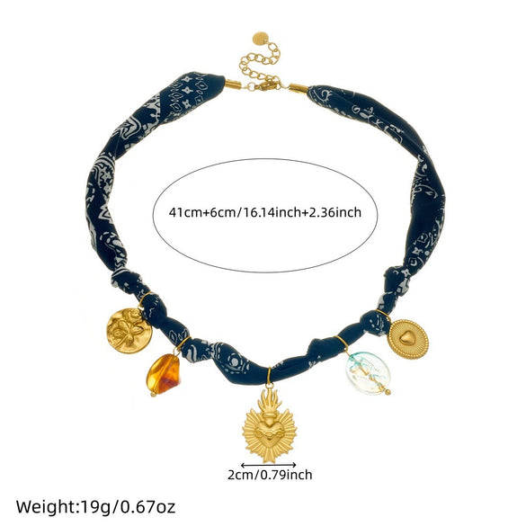 Wholesale Women's Fashion Retro Creative Heartshaped Stainless Steel Goldplated Relief Flower Pattern Beaded Pendant Necklace With Rope Chain