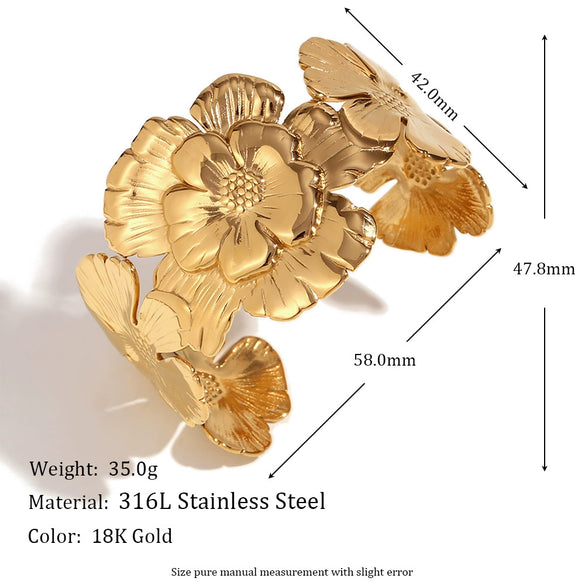 Wholesale Women's Fashion Retro Exaggerated Open Flower Stainless Steel 18K Gold Plated Bracelet