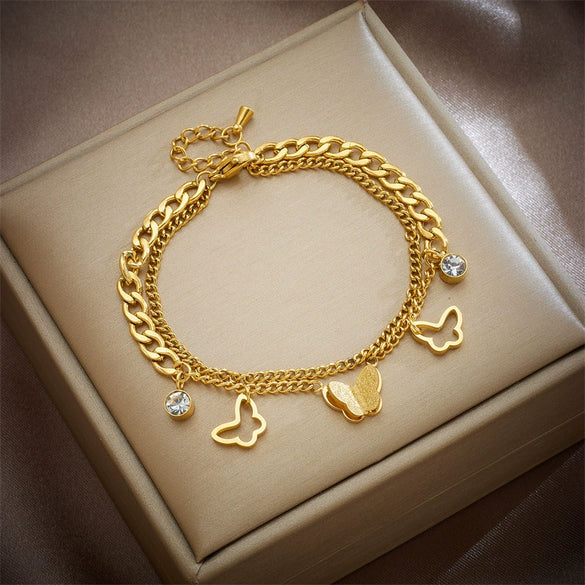 Wholesale Women's Fashion Retro Highend Titanium Steel Hollow Butterfly Pendant Bracelet With Electroplated Metal Chain