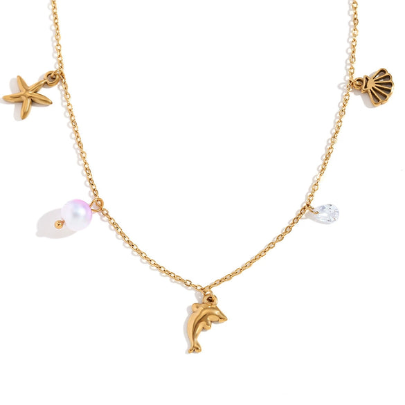 Wholesale Women's Fashion Retro Marine Style Animal Zodiac Stainless Steel 18K Gold Plated Pendant Necklace With O Chain
