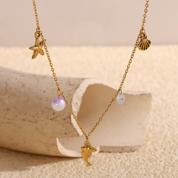 Wholesale Women's Fashion Retro Marine Style Animal Zodiac Stainless Steel 18K Gold Plated Pendant Necklace With O Chain