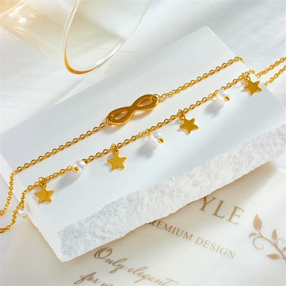 Wholesale Women's Fashion Retro Metal Anklet With Multilayer Stacked Tassel 8Word Fivepointed Star Pendant Titanium Steel