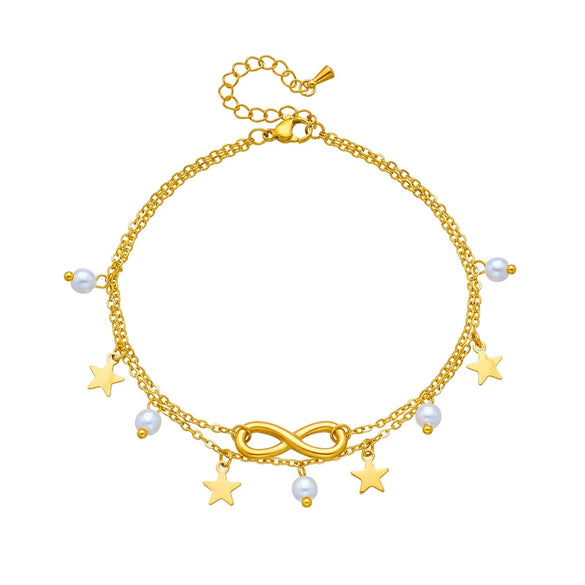 Wholesale Women's Fashion Retro Metal Anklet With Multilayer Stacked Tassel 8Word Fivepointed Star Pendant Titanium Steel