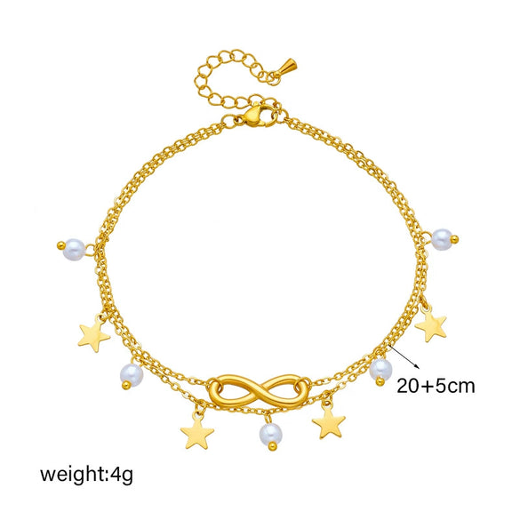 Wholesale Women's Fashion Retro Metal Anklet With Multilayer Stacked Tassel 8Word Fivepointed Star Pendant Titanium Steel