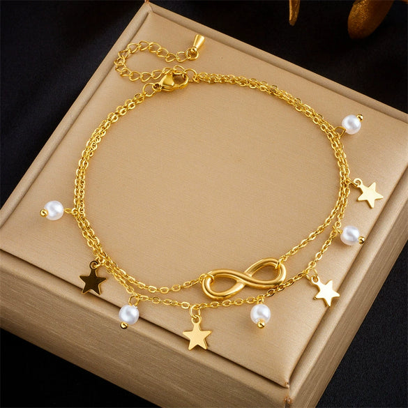 Wholesale Women's Fashion Retro Metal Anklet With Multilayer Stacked Tassel 8Word Fivepointed Star Pendant Titanium Steel