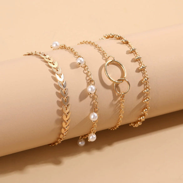 Wholesale Women's Fashion Retro Simple Anklet With Round Pearl Bead Decoration And Aircraft Combination Made Of Alloy And Inlaid With Artificial Gemstones And Semi Precious Stones