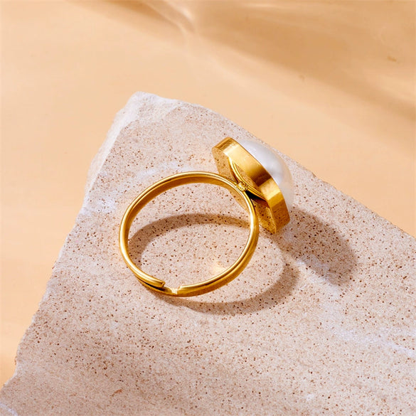 Wholesale Women's Fashion Retro Simple Geometric Pearl Square Stainless Steel Electroplated Ring Accessories