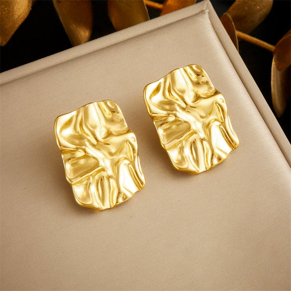 Wholesale Women's Fashion Retro Stainless Steel Pleated Square Electroplated Jewelry Earrings