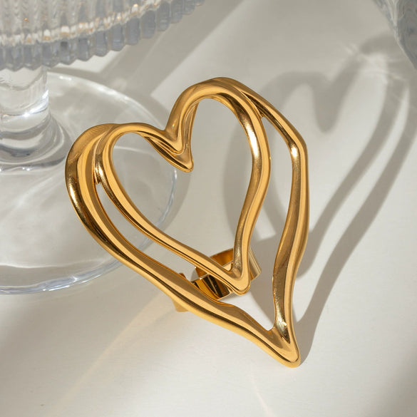 Wholesale Women's Fashion Ring Jewelry Stainless Steel Double Layer Hollow Love Geometric Electroplated