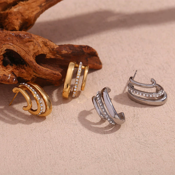 Wholesale Women's Fashion Simple Creative Stainless Steel 18K Gold Plated C Shape Geometric Rhinestone Earrings