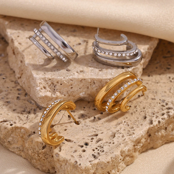 Wholesale Women's Fashion Simple Creative Stainless Steel 18K Gold Plated C Shape Geometric Rhinestone Earrings