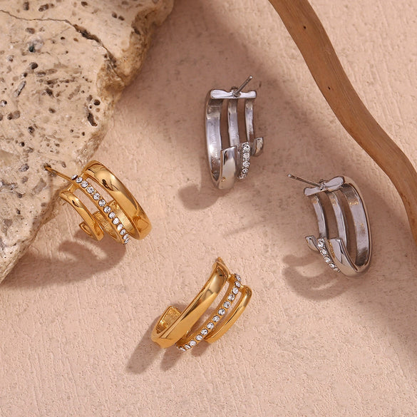 Wholesale Women's Fashion Simple Creative Stainless Steel 18K Gold Plated C Shape Geometric Rhinestone Earrings