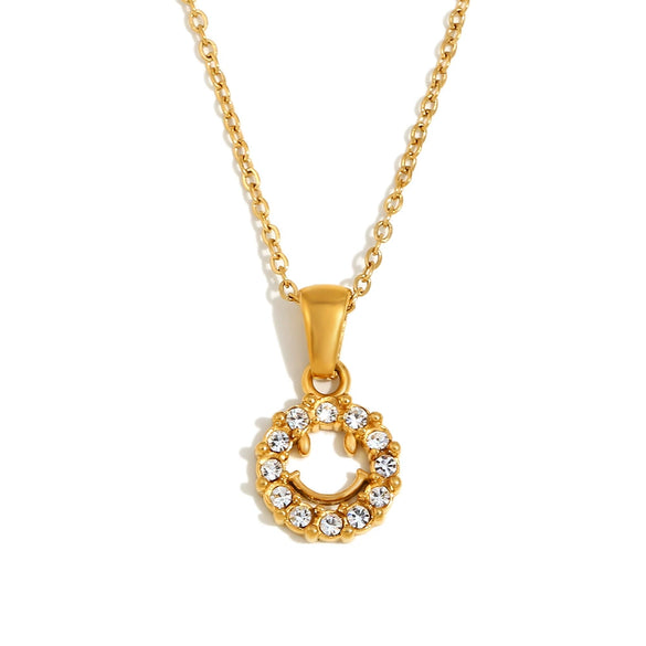 Wholesale Women's Fashion Simple Niche Personality Stainless Steel Electroplated 18K Gold Hollow Zircon Geometric Smiley Pendant Necklace