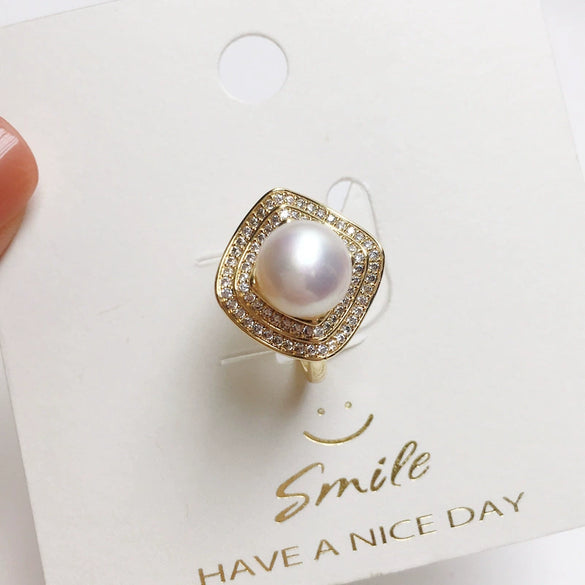 Wholesale Women's Fashion Square Freshwater Pearl Ring Copper Gold Plated