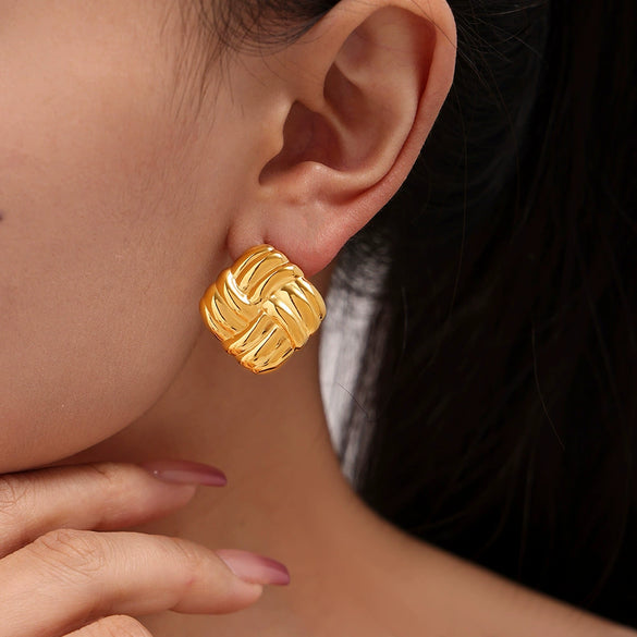 Wholesale Women's Fashion Square Oblique Stripe Stainless Steel Gold Plated Electroplated Earrings Combination