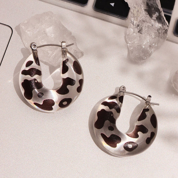 Wholesale Women's Fashion 316L Stainless Steel And Resin Ushaped Geometric Leopard Print Electroplated Earrings