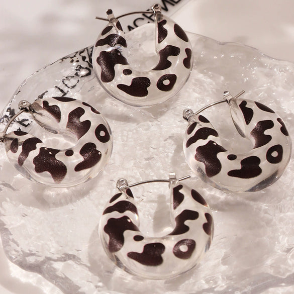 Wholesale Women's Fashion 316L Stainless Steel And Resin Ushaped Geometric Leopard Print Electroplated Earrings