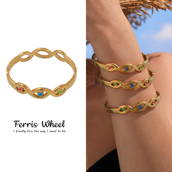 Wholesale Women's Fashion Stainless Steel And Titanium Steel Enamel Glaze Electroplated Ferris Wheel And Devil's Eye Ring And Bracelet