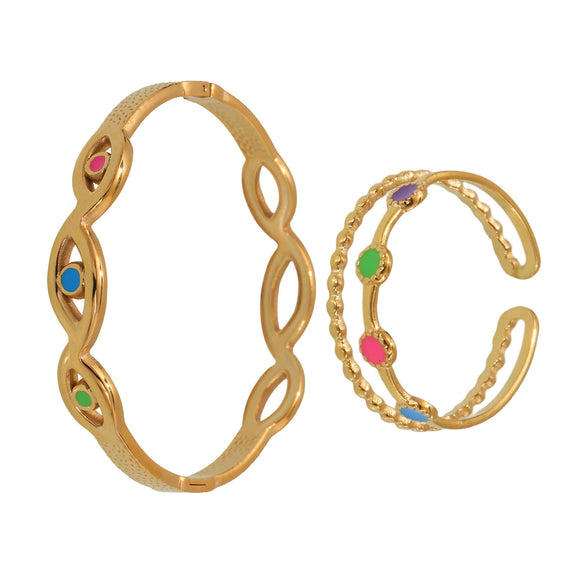 Wholesale Women's Fashion Stainless Steel And Titanium Steel Enamel Glaze Electroplated Ferris Wheel And Devil's Eye Ring And Bracelet