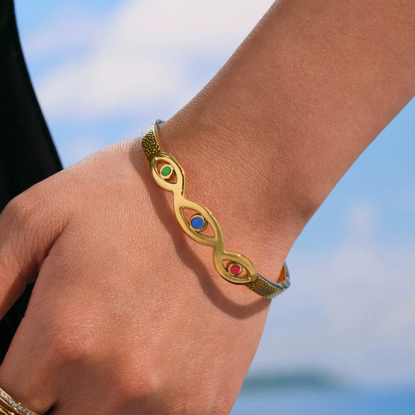 Wholesale Women's Fashion Stainless Steel And Titanium Steel Enamel Glaze Electroplated Ferris Wheel And Devil's Eye Ring And Bracelet