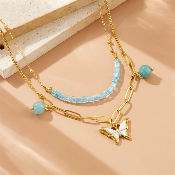 Wholesale Women's Fashion Stainless Steel Beaded Butterfly Pendant Chain Necklace With Electroplating Treatment