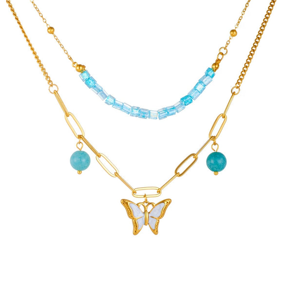Wholesale Women's Fashion Stainless Steel Beaded Butterfly Pendant Chain Necklace With Electroplating Treatment