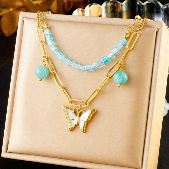 Wholesale Women's Fashion Stainless Steel Beaded Butterfly Pendant Chain Necklace With Electroplating Treatment