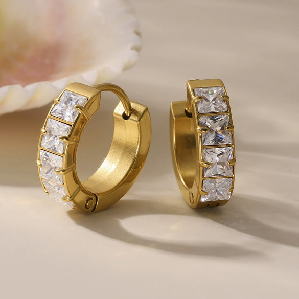 Wholesale Women's Fashion Stainless Steel Circle Earrings With 5A Zircon And Geometric Pattern Electroplated