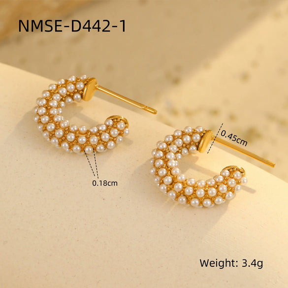 Wholesale Women's Fashion Stainless Steel Earrings With Pearl Inlaid Geometric And U Shaped Patterns And Electroplating Processing