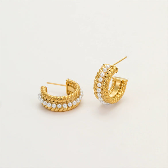 Wholesale Women's Fashion Stainless Steel Earrings With Pearl Inlaid Geometric And U Shaped Patterns And Electroplating Processing
