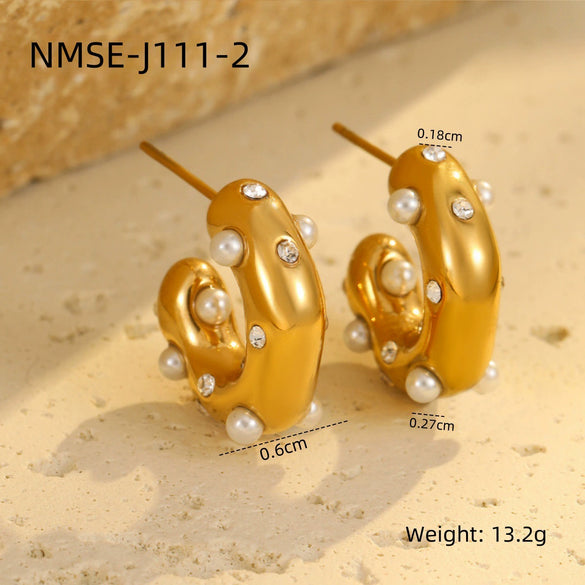 Wholesale Women's Fashion Stainless Steel Earrings With Pearl Inlaid Geometric And U Shaped Patterns And Electroplating Processing
