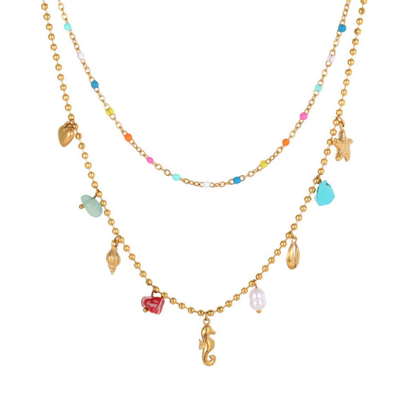 Wholesale Women's Fashion Stainless Steel Electroplated Geometric Necklace With Colorful Beads Starfish Seahorse Heart Pendant