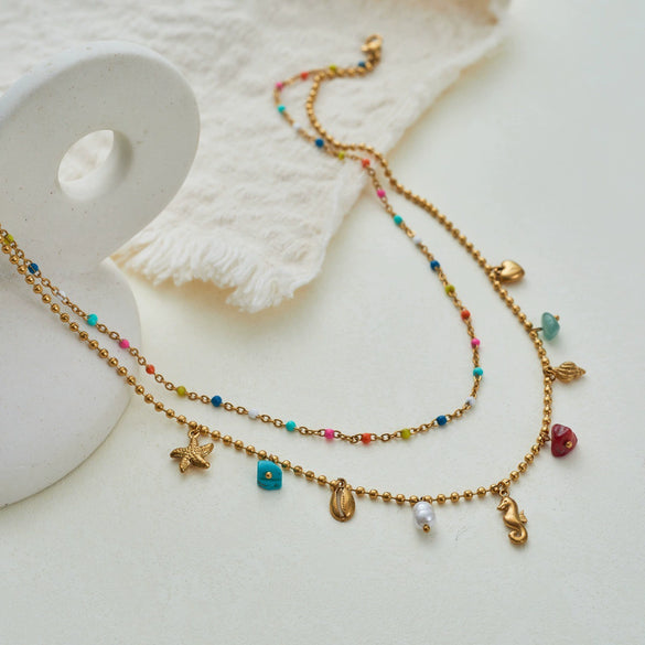 Wholesale Women's Fashion Stainless Steel Electroplated Geometric Necklace With Colorful Beads Starfish Seahorse Heart Pendant