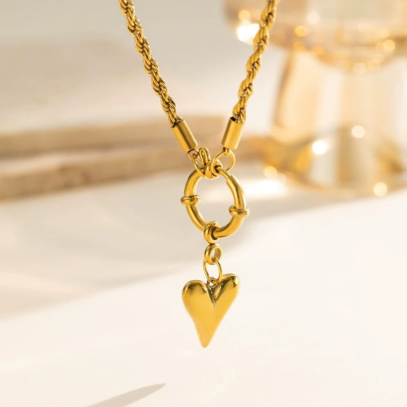 Wholesale Women's Fashion Stainless Steel Electroplated Love Water Drops And Bells Pattern Heart Jewelry Set With Twist Chain Necklace And Earrings
