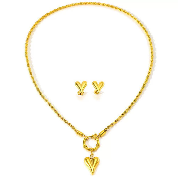 Wholesale Women's Fashion Stainless Steel Electroplated Love Water Drops And Bells Pattern Heart Jewelry Set With Twist Chain Necklace And Earrings