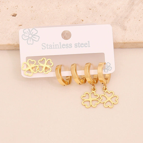 Wholesale Women's Fashion Stainless Steel Flower Crown Heart Shape Butterfly Earrings With Electroplating