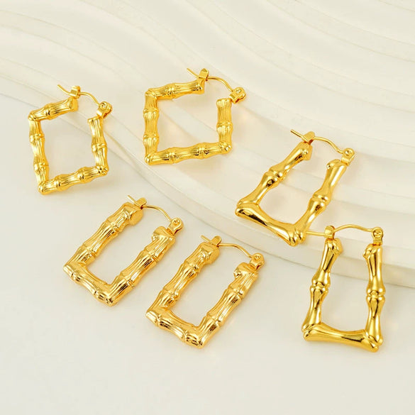 Wholesale Women's Fashion Stainless Steel Geometric Ushaped Electroplated Bamboo Design Retro Light Luxury Earrings