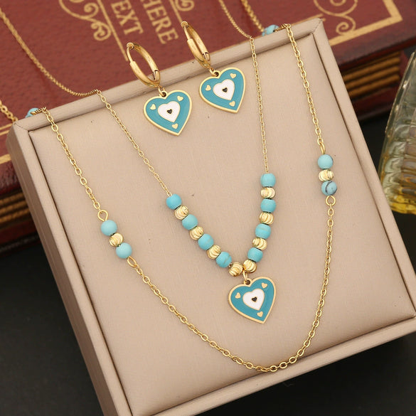Wholesale Women's Fashion Stainless Steel Heart Shaped Double O Chain Necklace With Electroplating And Drop Oil Eyes Design