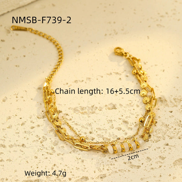 Wholesale Women's Fashion Stainless Steel 18K Gold Electroplated Threelayer Stacked Disc Natural Stone Bracelets