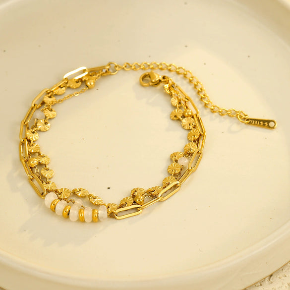 Wholesale Women's Fashion Stainless Steel 18K Gold Electroplated Threelayer Stacked Disc Natural Stone Bracelets