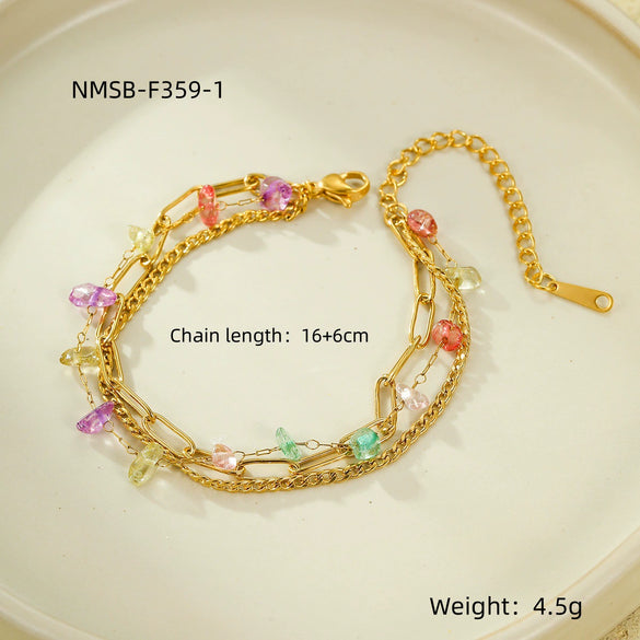 Wholesale Women's Fashion Stainless Steel 18K Gold Plated Threelayer Stacked Colorful Gravel Bracelet