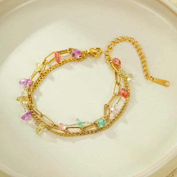 Wholesale Women's Fashion Stainless Steel 18K Gold Plated Threelayer Stacked Colorful Gravel Bracelet